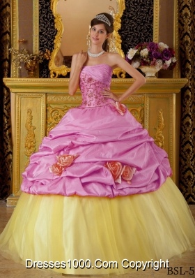 Strapless Beading and Flowers for Rose Pink and Yellow Quinceanera Dresses