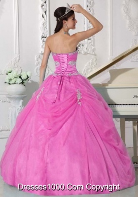 Strapless Cheap Rose Pink Sweet 15 Dresses with Flowers and Appliques