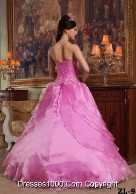 Strapless Organza Rose Pink Quinceneara Dresses with Beading and Layers