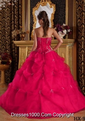 Sweet Hot Pink Puffy Strapless Beading and Appliques for 2014 Quinceanera Dresses