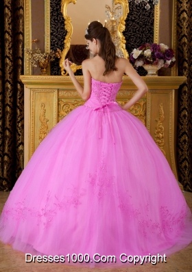 Sweetheart Tulle Appliques Rose Pink Quinceanera Gowns with Appliques