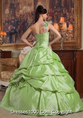 Yellow Green One Shoulder Hand Made Flowers and Beading Quinceanera Gowns