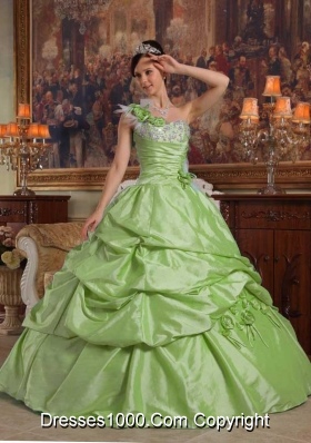Yellow Green One Shoulder Hand Made Flowers and Beading Quinceanera Gowns