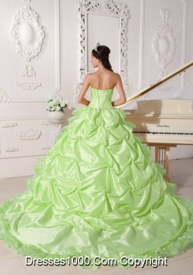 Yellow Green Strapless Chapel Train Beading Royal Quinces Dresses