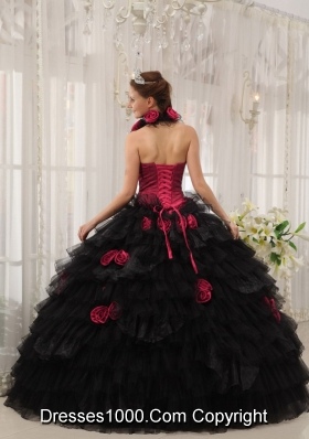 2014 Halter Top Ball Gown Hand Made Flower Organza Quinceanera Dresses with Red and Black