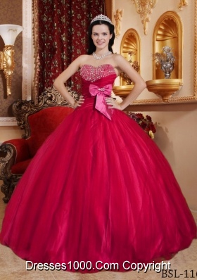2014 New Style Red Puffy Sweetheart Beading Quinceanera Dresses with Bowknot