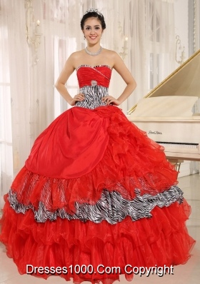 2014 Wholesale Red Sweetheart Zebra Quinceanera Dresses With Beading