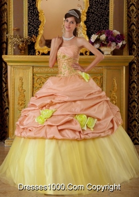 Baby Pink and Yellow Quincianera Dresses with Beading and Flowers
