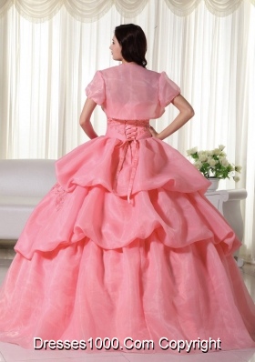 Discount Strapless Organza Hand Made Flowers Quinceanera Dress with Pick-ups