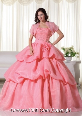 Discount Strapless Organza Hand Made Flowers Quinceanera Dress with Pick-ups