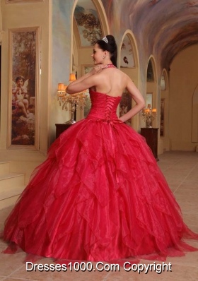 Exclusive Red Puffy Halter 2014 Embroidery Quinceanera Dresses with Ruffles