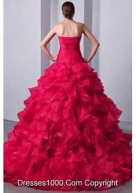 Hot Pink Princess Sweetheart Beading and Ruffles Quinceanea Dresses with Brush Train