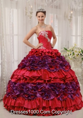 Lovely Red Puffy Strapless Appliques and Ruching 2014 Quinceanera Dresses