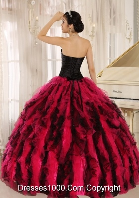 New Style Sweetheart Ball Gown Beading and Ruffles Red and Black Sweet 16 Dresses