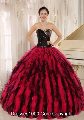 New Style Sweetheart Ball Gown Beading and Ruffles Red and Black Sweet 16 Dresses