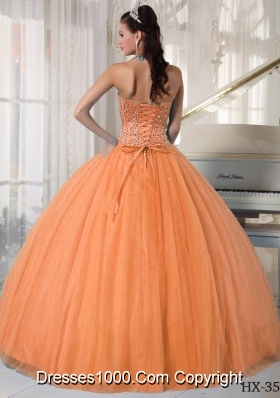 Orange Sweetheart Beaded Puffy Dress For Quinceaneras