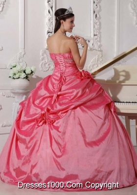 Pink Puffy Sweetheart Sweet Sixteen Dresses with Hand Made Flowers and Beading