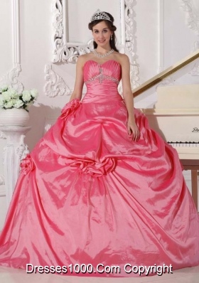 Pink Puffy Sweetheart Sweet Sixteen Dresses with Hand Made Flowers and Beading
