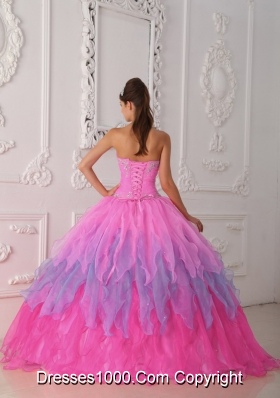 Pink Sweetheart Organza Quinceneara Dresses with Beading and Ruffles