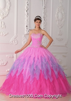 Pink Sweetheart Organza Quinceneara Dresses with Beading and Ruffles