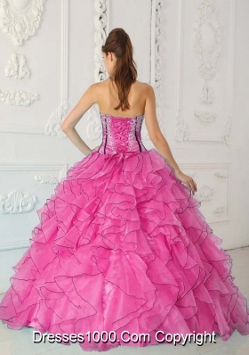 Pretty Strapless Organza Pink Quinceanera Gowns with Ruffles and Appliques