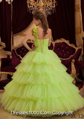 Princess One Shoulder Lime Green Quinceanera Dresses with Flowers and Layers