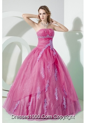 Princess Strapless Organza Beading Pink Quinceanera Dress with Appliques