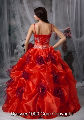 Red Spaghetti Straps Organza Beading and Ruffles Sweet Sixteen Dresses