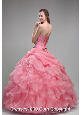 Ball Gown Orangza Pink Quinceanera Gown Dresses with Beading and Ruffles