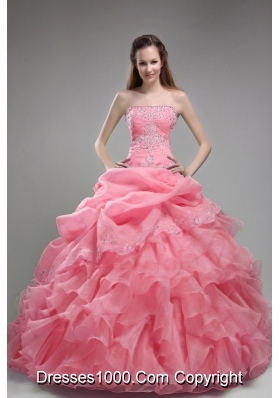 Ball Gown Orangza Pink Quinceanera Gown Dresses with Beading and Ruffles