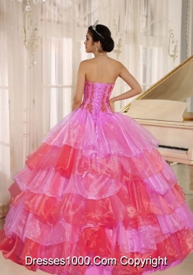 Customize Ruflfled Layers and Appliques For Hot Pink and Red Quinceanera Dress