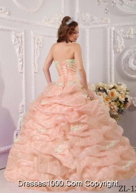 Exclusive Strapless Organza Sweet Sixteen Dresses with Appliques and Pick-ups