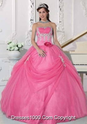 Pink Strapless Sweet 16 Dresses with Appliques and Hand Made Flowers