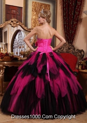 Wonderful Princess Strapless Pink and Black Quinceanera Dress with Beading