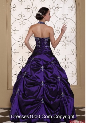 Halter Top Purple Quinceanera Gowns with Embroidery and Beading