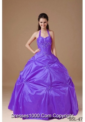 Modest Purple Ball Gown Halter Beading Quinceanera Dresses Gowns