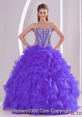 Purple Ball Gown Sweetheart Beaded Decorate Sweet 15 Dresses with Ruffles