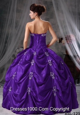 Purple Strapless Quinceaneras Dress with Pick-ups and Appliques