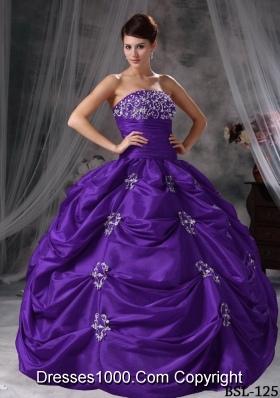 Purple Strapless Quinceaneras Dress with Pick-ups and Appliques