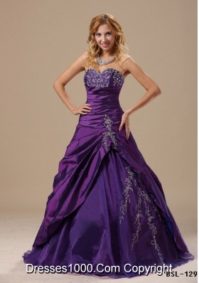 Purple Sweetheart Princess Sweet 15 Dresses with Embroidery and Pick-ups
