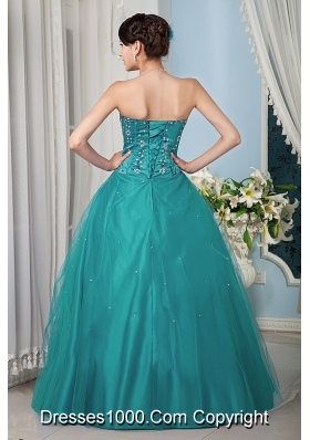 Turquoise A-line / Princess Strapsless Floor-length Tulle Quinceanera Dress