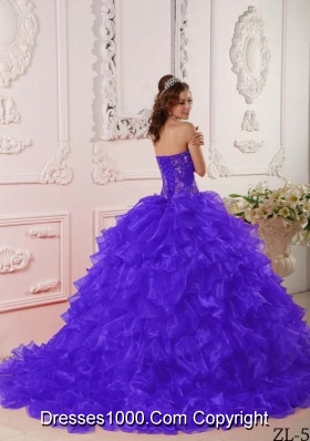 Organza Ruffles and Embroidery for Purple Quinceanera Dresses with Brush Train