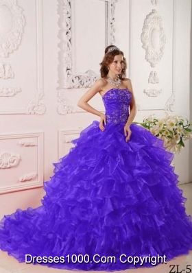 Organza Ruffles and Embroidery for Purple Quinceanera Dresses with Brush Train