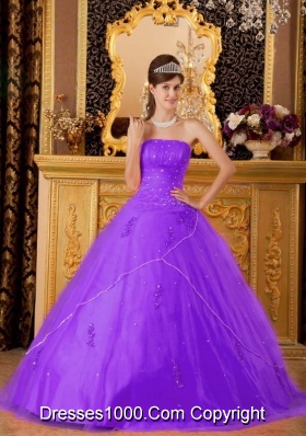 Princess Strapless Tulle Appliques for Purple  Sweet 15 Dresses