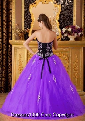 Purple and Black Princess Sweetheart Quinceanera Gowns with Appliques