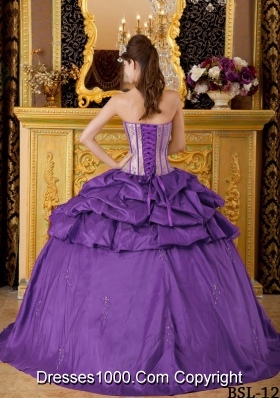 Purple Ball Gown Strapless Appliques Dresses For a Quince with Pick-ups