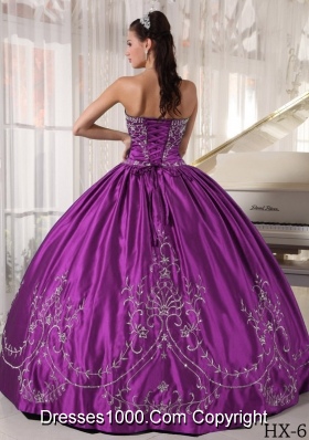 Purple Puffy Strapless Sweet 16 Dresses with Embroidery