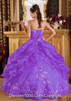 Purple Strapless Embroidery Organza Sweet Sixteen Dresses with Pick-ups