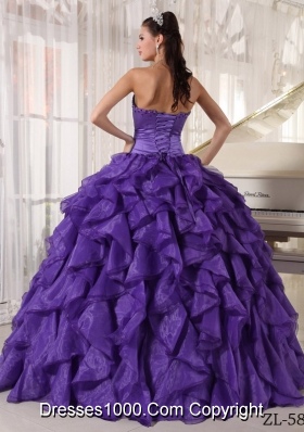 Purple Strapless Organza Beading Quinceanera Gowns with Beading and Ruffles