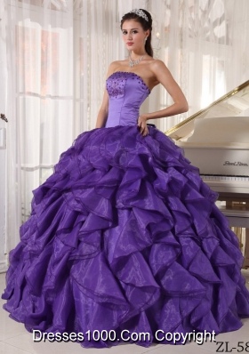 Purple Strapless Organza Beading Quinceanera Gowns with Beading and Ruffles